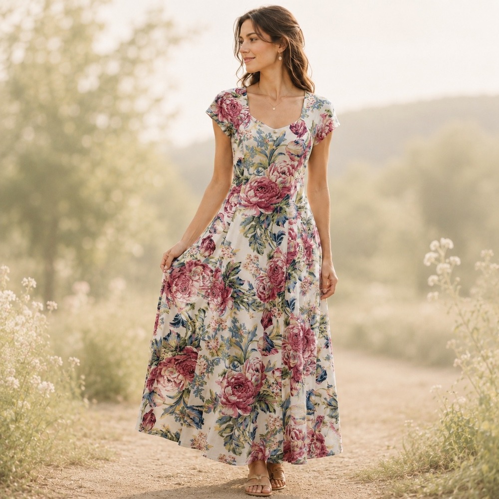 Vintage 90s Sostanza Floral Maxi Dress Pearl Buttons USA Praire Cottagecore Sz M